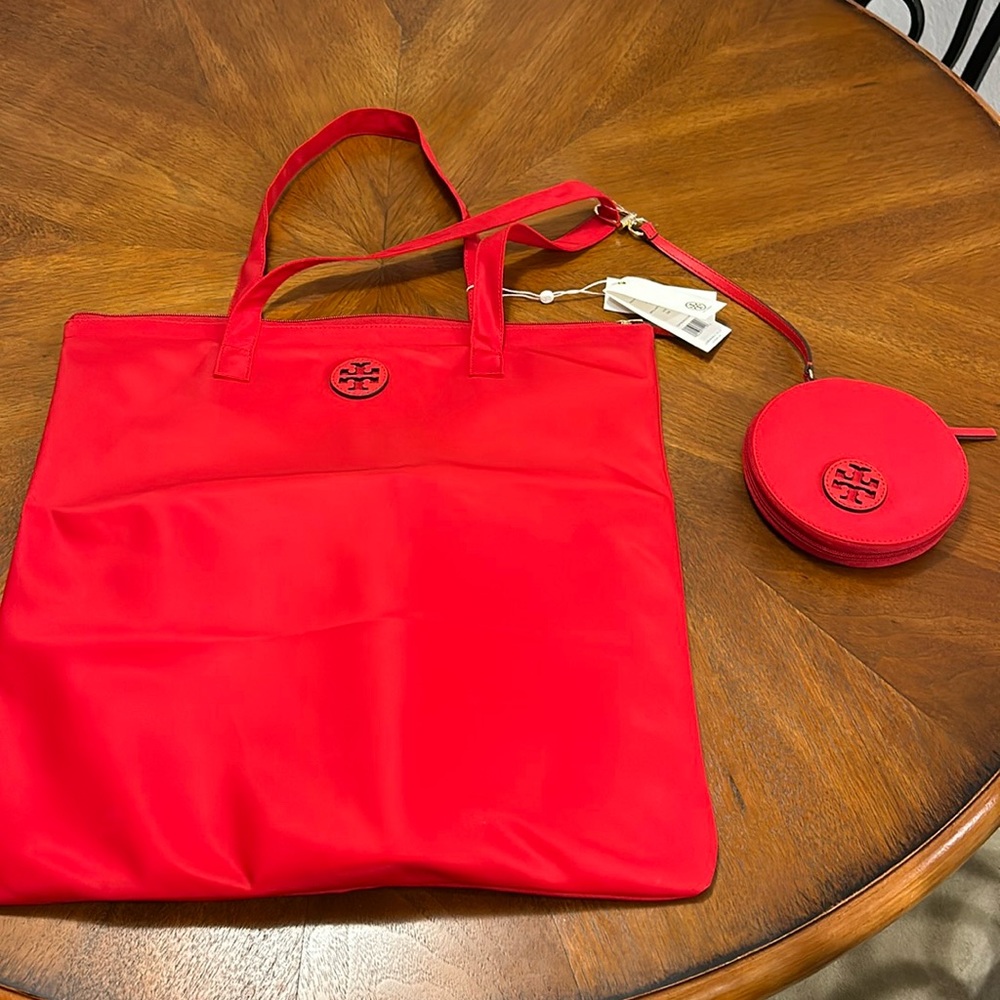 Tory Burch Red Tote with Extra Round pouch.